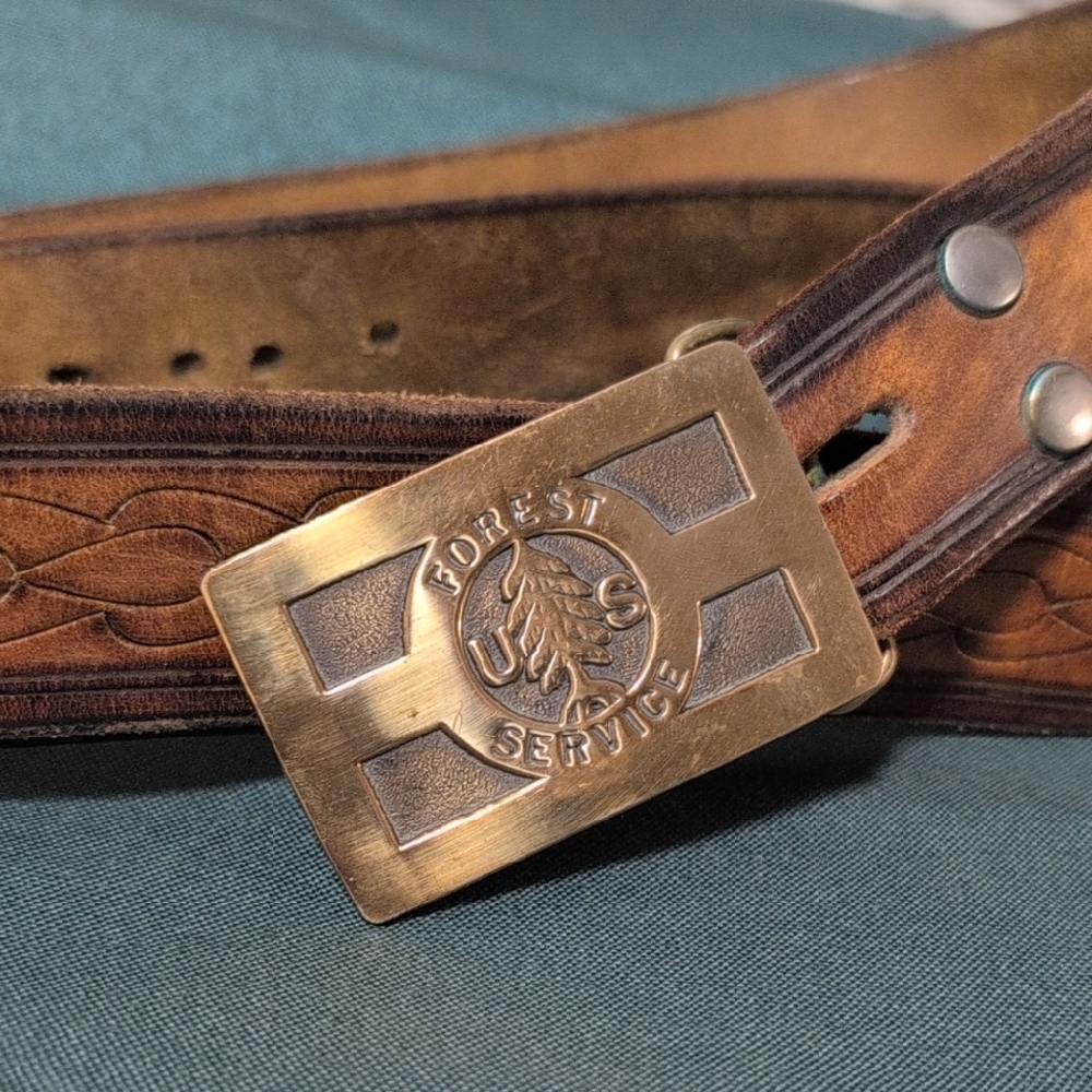 U.S. Forest Service Brass Belt BuckleEmbossed Brown Leather Belt